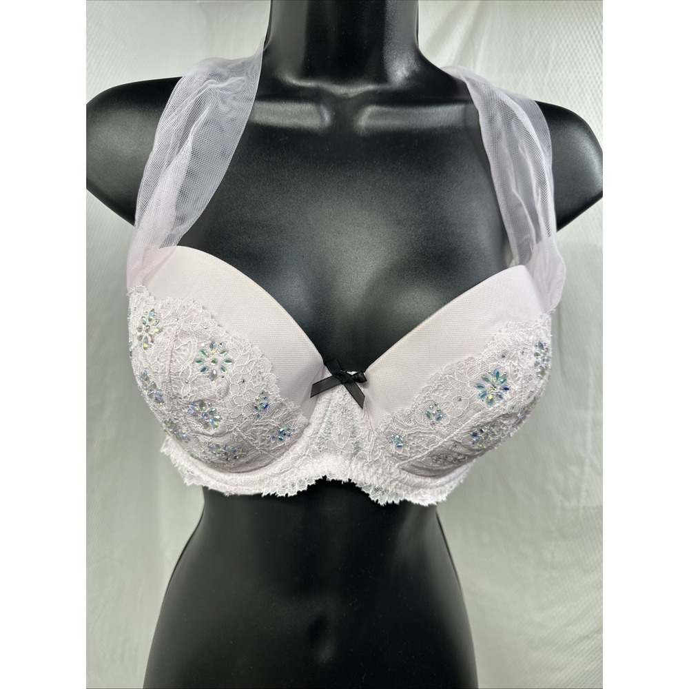 Victoria Secret 34DD Dream Angels Pink Lace Rhinestone Push Up Bra Sheer Bow